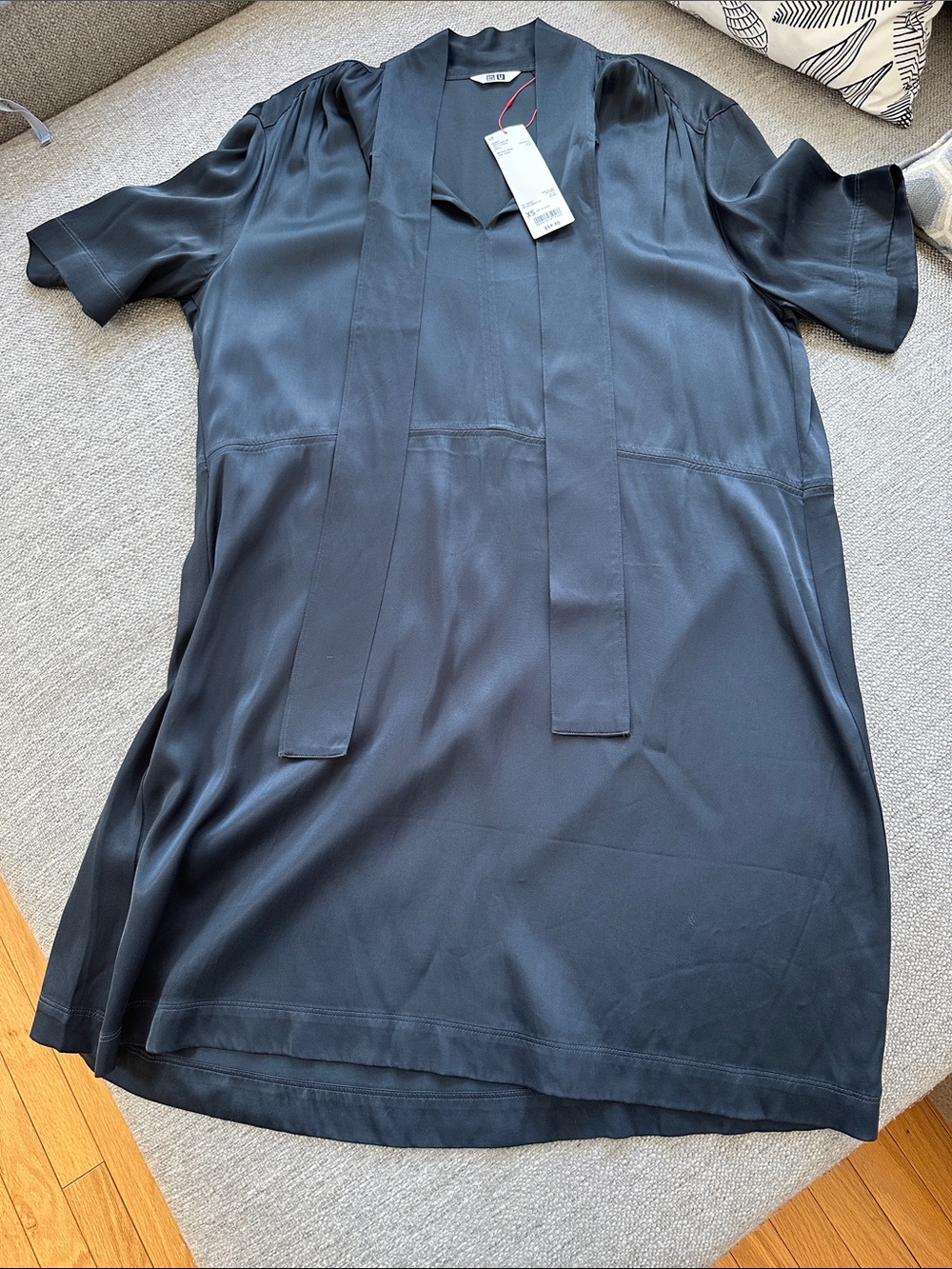 Uniqlo Dark Gray Satin Tie-Neck Blouse